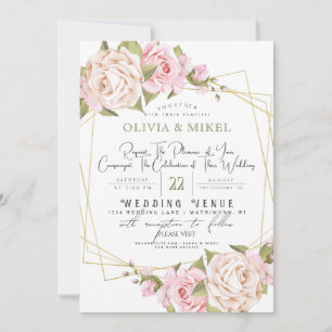 INVITACIÓN FLORAL DE COLOR DE AGUA ROSA Y BODA DE ORO DE MARC