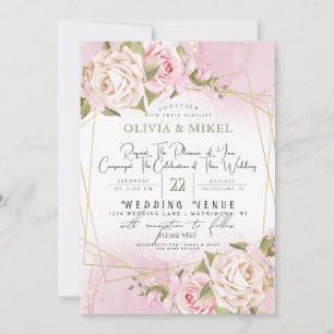 INVITACIÓN FLORAL DE COLOR DE AGUA ROSA Y BODA DE ORO DE MARC