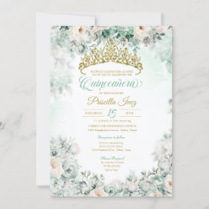Invitación Floral de color de agua verde y dorado de menta Qu