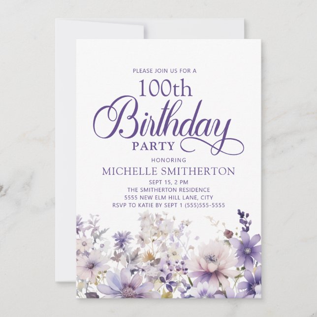 Invitación Floral de color morado 100 cumpleaños (Anverso)