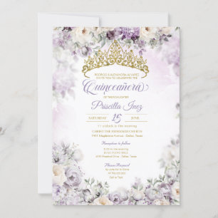 Invitación Floral de color morado claro y dorado Quinceañera