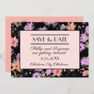 Invitación Floral de color negro y Rubor vintage Save the Dat