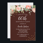 Invitación Floral de color oro de Borgoña 60 cumpleaños<br><div class="desc">Más invitaciones florales de cumpleaños en la Pequeña Tienda Bayleigh!</div>