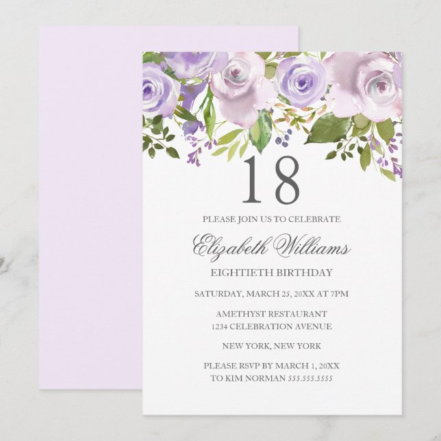 Invitación Floral de color púrpura Lilac 18 cumpleaños (Anverso / Reverso)