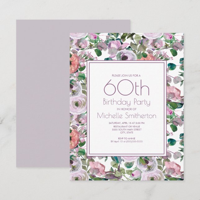 Invitación Floral de color púrpura Lilac 60 cumpleaños (Anverso / Reverso)