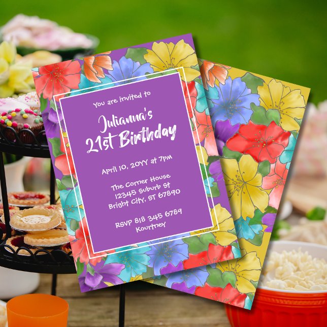 Invitación Floral de color púrpura moderno cumpleaños 21 (Subido por el creador)
