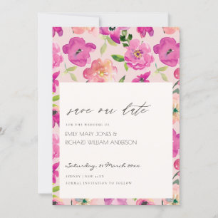 Invitación Floral de color rosa brillante rosa retro Guardar 