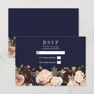 Invitación Floral de color rosa vino follaje azul marino de b