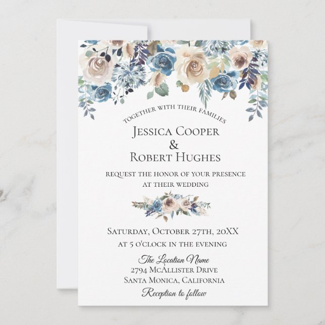 Invitación floral de color topo azul polvorienta (Anverso)