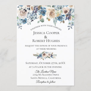 Invitación floral de color topo azul polvorienta