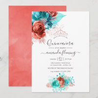 Floral de color turquesa y coral Quinceañera