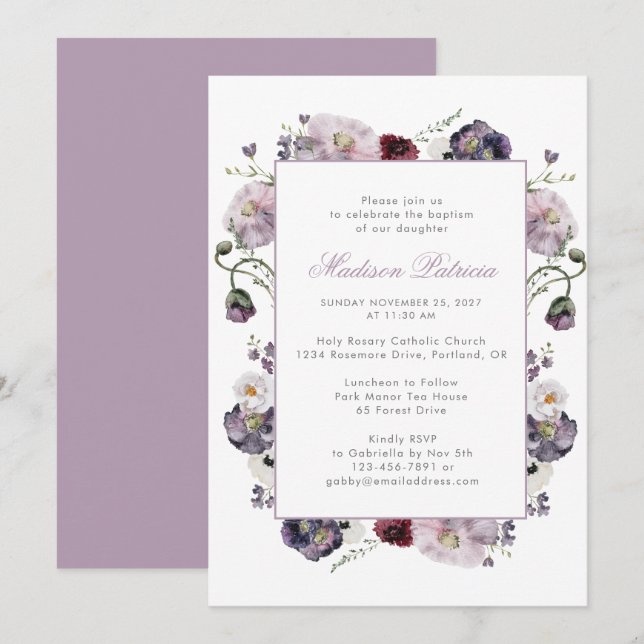 Invitación Floral de color violeta elegante (Anverso / Reverso)