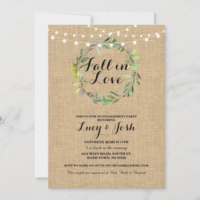 Invitación floral de Compromiso con Wreath Burlap (Anverso)