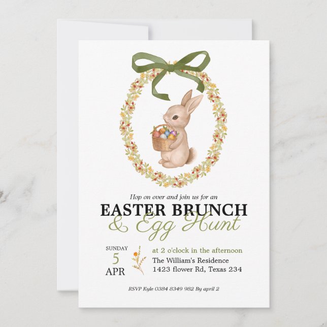 Invitación floral de conejito de brunch de Pascua  (Anverso)