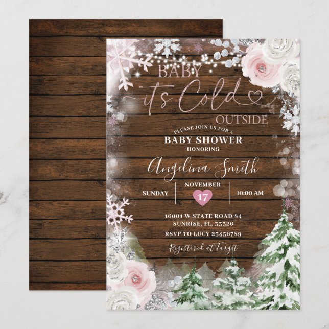 Invitación Floral de copo de nieve rosa Pastel de madera Baby (Anverso / Reverso)