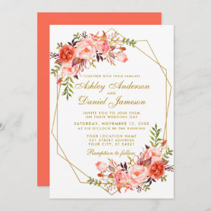Invitación Floral de coral moderno y geométrica Boda de oro