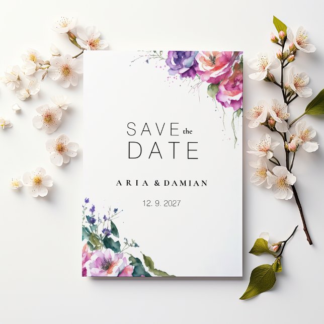 Invitación Floral de coral púrpura botánico Guardar la fecha (Botanical pink purple coral floral Save the Date)