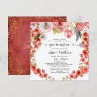 Floral de coral rojo y Purpurina española Quinceañ