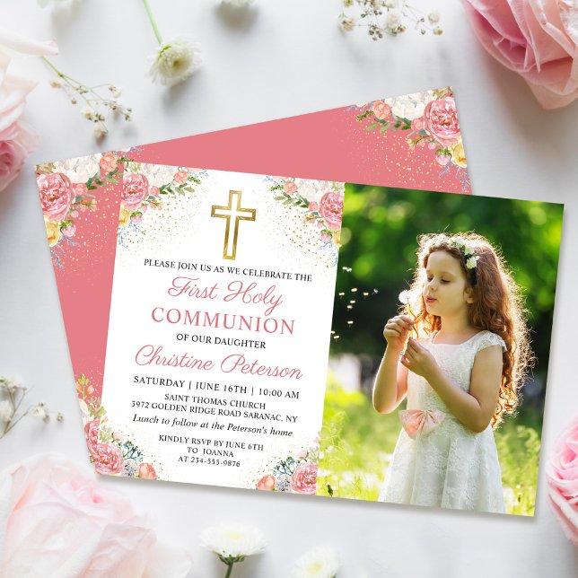 Invitación Floral de coral rosa primera foto de comunión sagr (Subido por el creador)