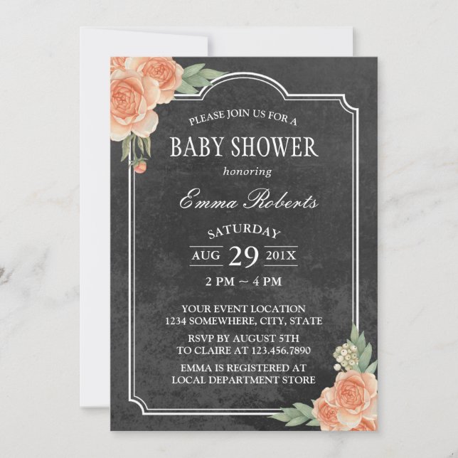 Invitación Floral de cosecha de chalkboard de Baby Shower (Anverso)