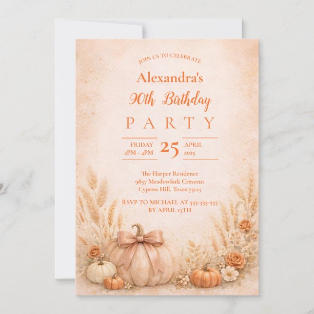 Invitación Floral de Cosecha de Otoño 90 Cumpleaños (Anverso)