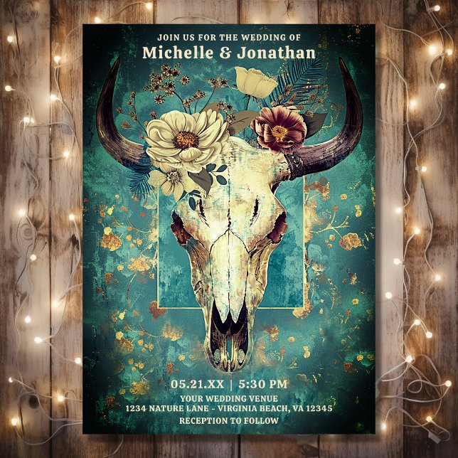 Invitación Floral de cráneo de vaca rústica Boho Boda occiden (Front - Rustic Cow Skull Floral Boho Western Wedding Invitation)