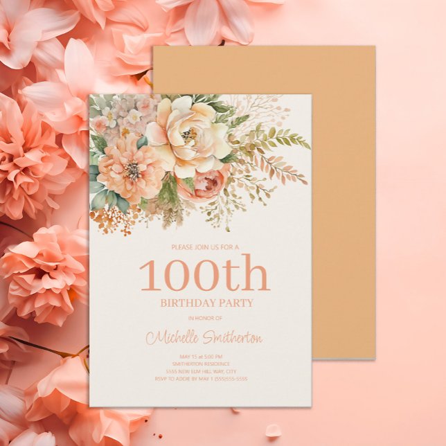 Invitación Floral de crema de melocotón 100 cumpleaños (Elegant peach and cream-colored 100th birthday party invitation)