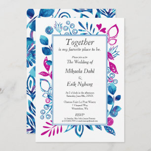 Invitación floral de cristal azul y magenta