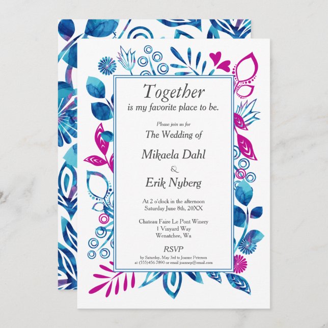 Invitación floral de cristal azul y magenta (Anverso / Reverso)