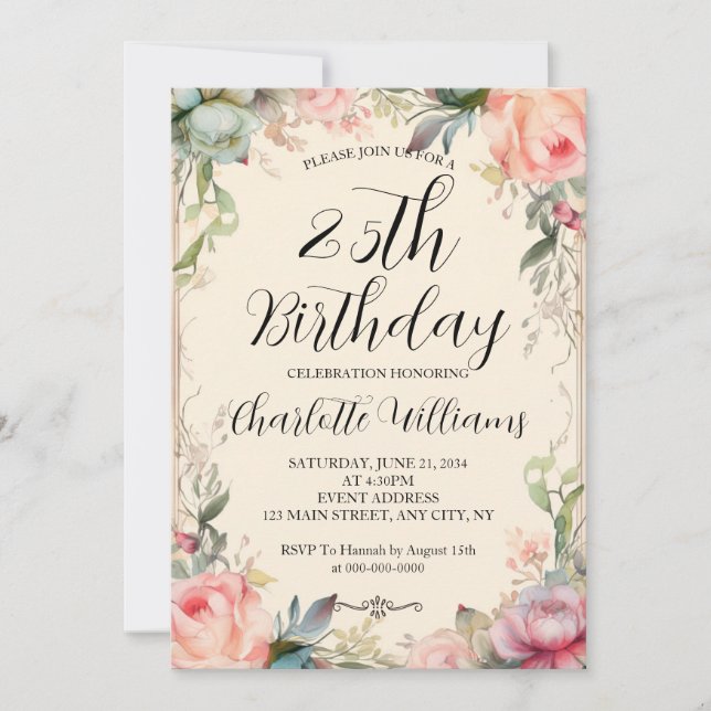 Invitación Floral de cuento de hadas 25 cumpleaños (Anverso)