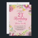 Invitación floral de cumpleaños 21 para mujeres ro<br><div class="desc">Invitación floral de cumpleaños 21 para mujeres. Floral acuarela,  fondo rosa. Para una mayor personalización,  haga clic en el botón "Personalizar" y use nuestra herramienta de diseño para modificar esta plantilla.</div>