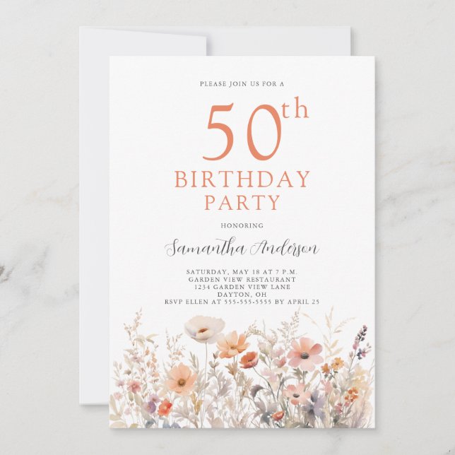 Invitación Floral de cumpleaños 50 Peach (Anverso)