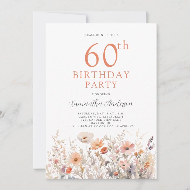 Invitación Floral de cumpleaños 60 Peach (Anverso)