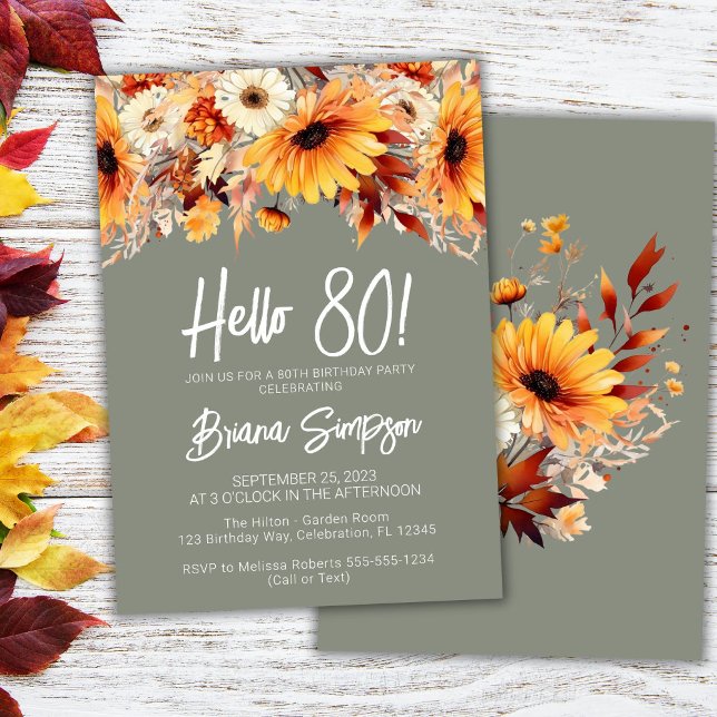 Invitación floral de cumpleaños 80 verde de otoño (Subido por el creador)