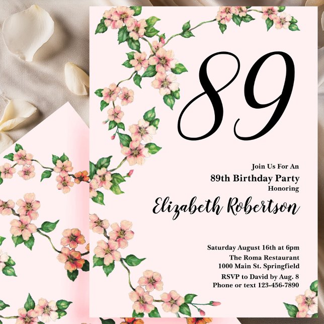 Invitación floral de cumpleaños 89 en rosa rubor (Subido por el creador)