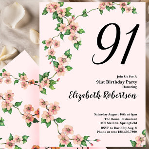 Invitación floral de cumpleaños 91 en rosa claro