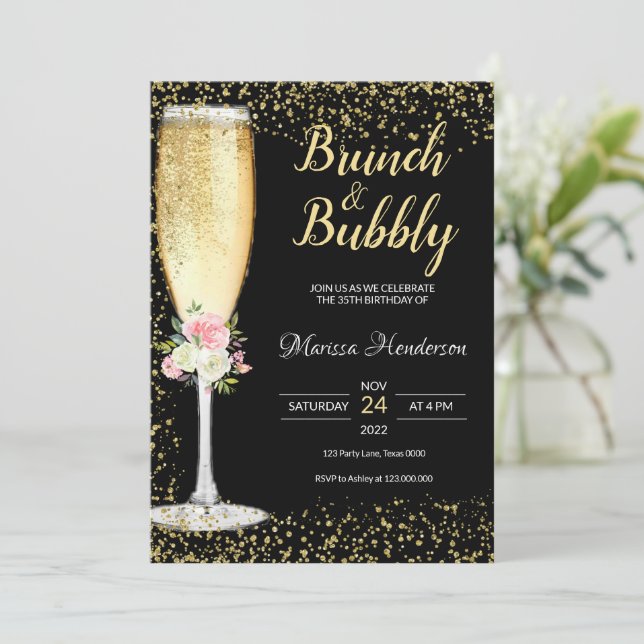 Invitación floral de cumpleaños brunch y bubbly (Anverso de pie)