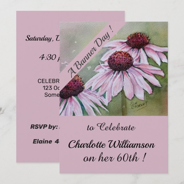 Invitación Floral de cumpleaños color rosa y morado (Anverso / Reverso)