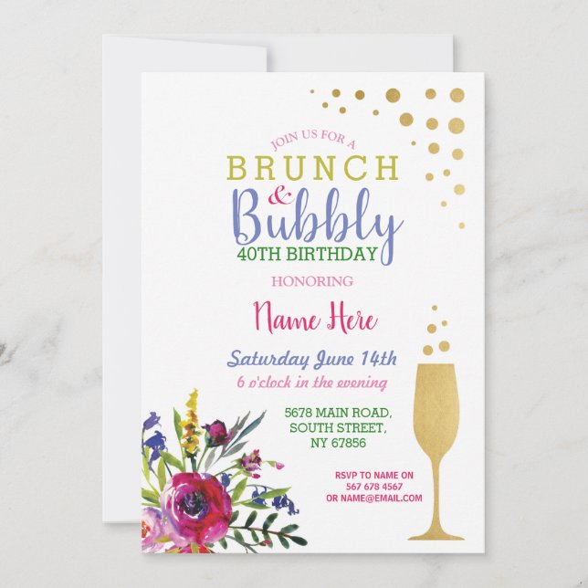 Invitación floral de cumpleaños de brunch y bubbly (Anverso)