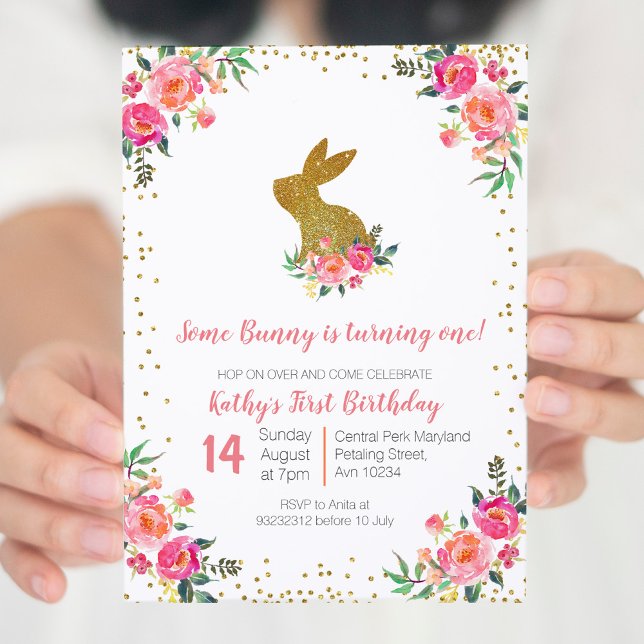 Invitación floral de cumpleaños de conejo de oro r (Subido por el creador)