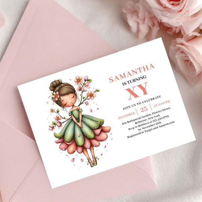 Invitación floral de cumpleaños de la niña de hada (Angelic Fairy Girl Birthday Blush Floral invitation)