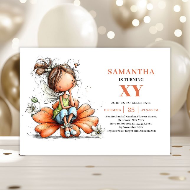 Invitación floral de cumpleaños de niña hada capri (Whimsy Fairy Girl Birthday Floral invitation)