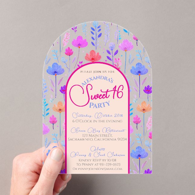Invitación floral de cumpleaños dieciséis transpar (Insitu (portátil))