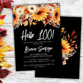 Invitación Floral de cumpleaños número 100 negro