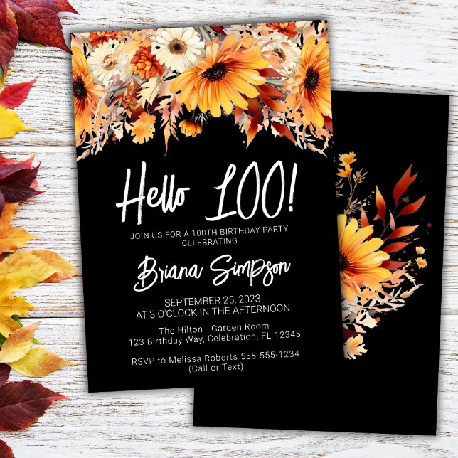 Invitación Floral de cumpleaños número 100 negro (Subido por el creador)