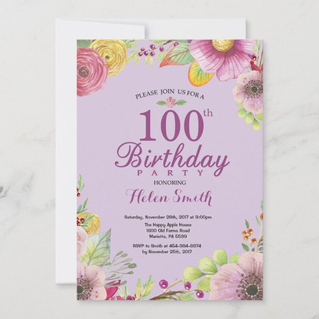 Invitación floral de cumpleaños número 100 para mu (Anverso)