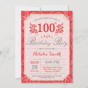 Invitación floral de cumpleaños número 100 rojo pa