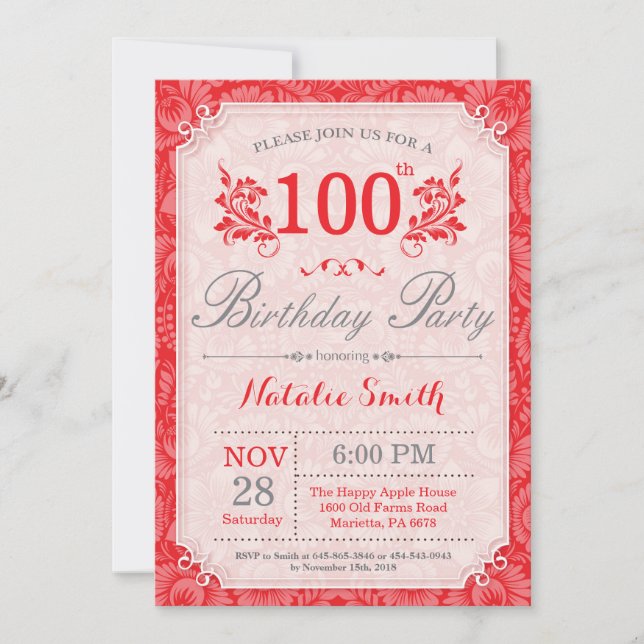 Invitación floral de cumpleaños número 100 rojo pa (Anverso)