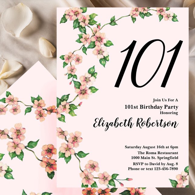 Invitación floral de cumpleaños número 101 en rosa (Subido por el creador)