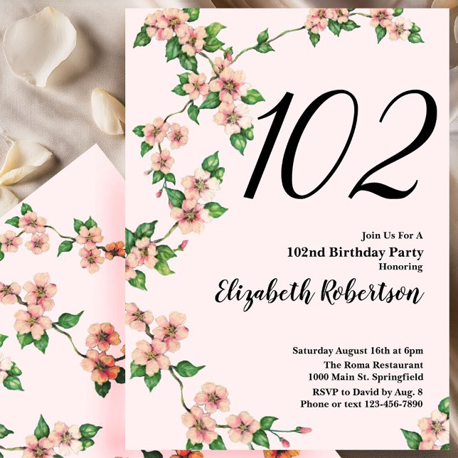 Invitación floral de cumpleaños número 102 en rosa (Subido por el creador)